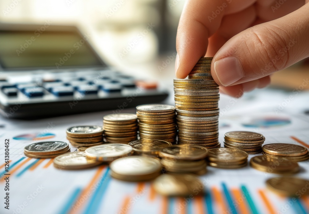 Poster a close-up view of a hand stacking coins on financial reports with a calculator in the background fo