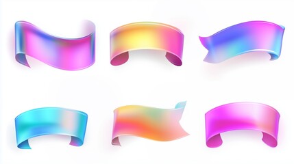 Set of holographic ribbon labels on a white background.