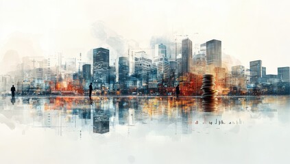 Abstract cityscape with vibrant colors reflecting in water, featuring silhouettes of people, modern buildings, and urban elements in a surreal atmosphere