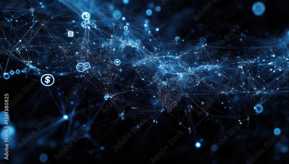 Aufkleber abstract digital network visualization with connections, nodes, icons and global elements in blue to
