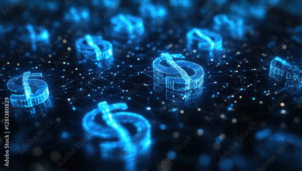 Poster abstract digital representation of glowing dollar signs interconnected with nodes and lines, illustr
