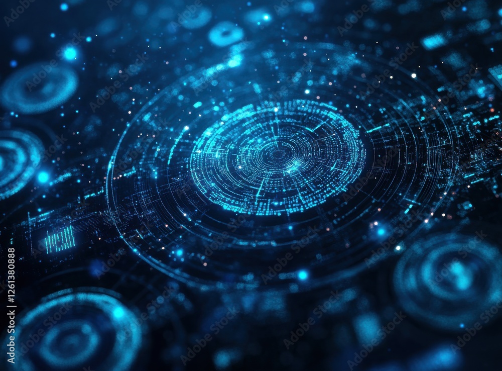 Poster abstract futuristic digital technology background with glowing circles, data visualization, and inte
