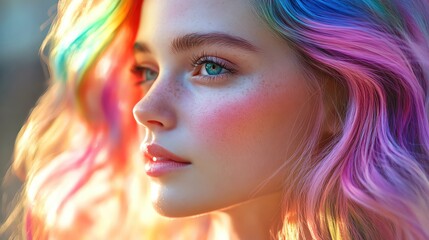 Fototapeta premium Woman with rainbow hair, colorful background, dynamic and energetic