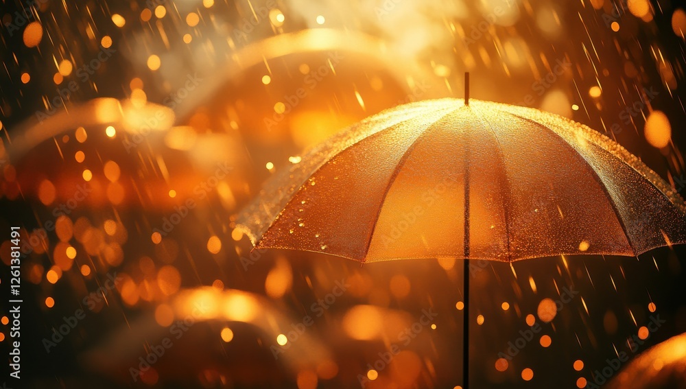 Poster beautiful golden umbrella in a rainstorm with shimmering droplets creating a magical bokeh effect, c