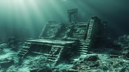 Exploring the sunken ruins of an ancient civilization underwater digital art mysterious environment depth perspective. Ancient Sunken Civilizations. Illustration
