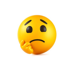 Fototapeta premium Bright yellow thinking emoji with a pondering expression, raised eyebrows, and hand on chin, set against a white background.