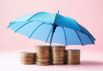 Blue Umbrella Protecting Stacked Coins on a Pink Background Symbolizing Financial Security and Savings in Investment Concepts