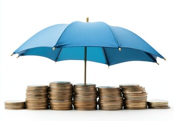 Blue Umbrella Protecting Stacks of Coins Symbolizing Financial Security and Investment Safety in Economic Uncertainty and Wealth Management Concept