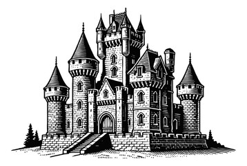 Obraz premium medieval stone castle engraving black and white outline