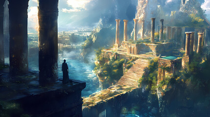 Mystic atlantis rediscovered: diving into the legendary sunken island civilization with impressive temples and classic columns. Ancient Sunken Civilizations. Illustration