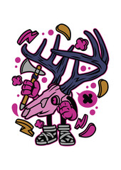 Whimsical Skull Mascot: A quirky and vibrant illustration showcasing a stylized deer skull character, adorned with antlers and wielding a small axe, surrounded by playful graphic elements.