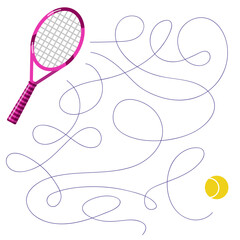 Find the right path from the tennis racket to the ball. Maze game. Sport vector illustration on a white background for children's entertainment, activity book, worksheet.