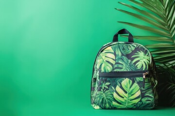 Tropical foliage printed backpack placed against a green background