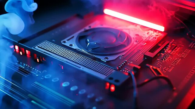 Cyberpunk Computer Hardware Close-Up:  High-Tech GPU with Neon Lighting and Smoke Effects