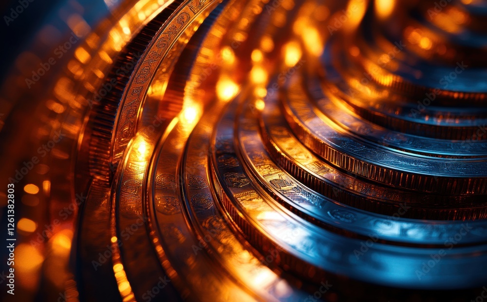 Aufkleber close-up of shiny coins stacked in circular pattern with glowing lights in the background, reflectin