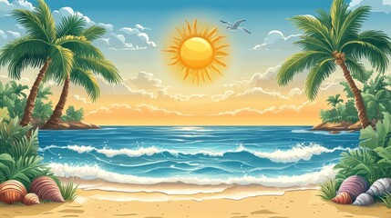 Obraz premium Idyllic tropical beach sunset scene, palm trees, ocean waves.
