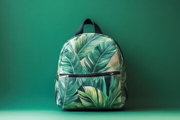 Backpack with a tropical leaf pattern set on green background