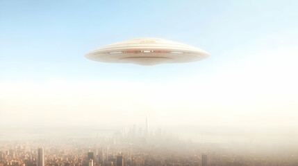 Naklejka premium UFO hovering over a hazy city skyline.