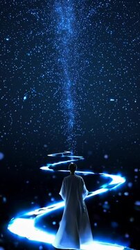 Silhouette of a man walking towards Milky Way starry skies. Spiritual journey