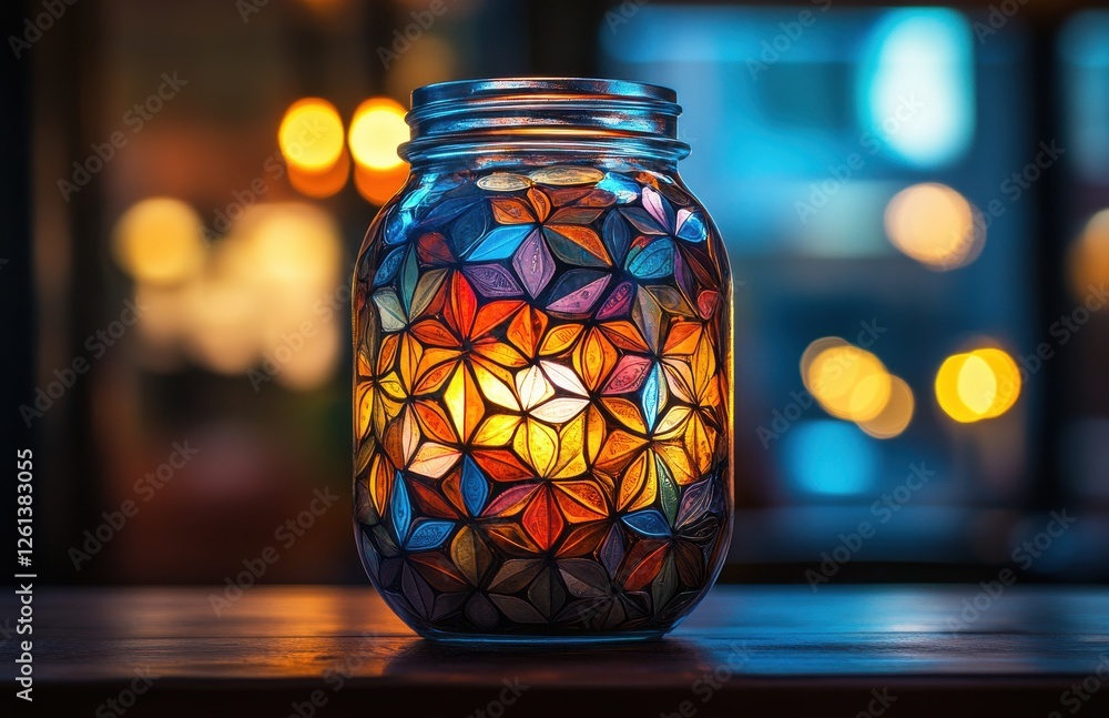 Poster colorful decorative jar with illuminated pattern casting warm glow in cozy atmosphere at evening gat