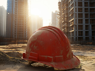 red hard hat on a construction site, copy space