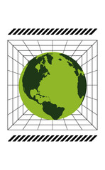 Planet Earth Conceptual: An artistic depiction of planet Earth enclosed within a geometric framework, symbolizing global connectivity and environmental awareness, showcasing a clean, modern aesthetic.