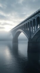 Fototapeta premium Misty morning bridge spans tranquil water