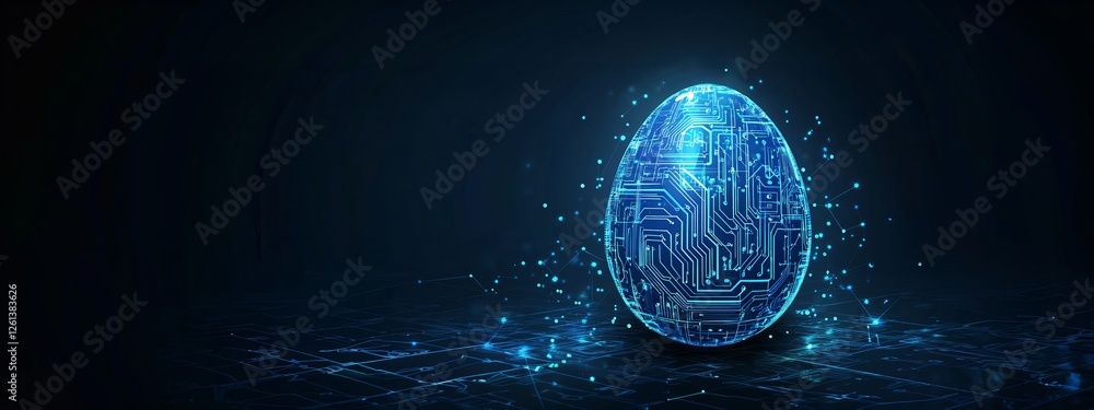 Poster easter cyber egg with circuit pattern glowing in dark blue background. digital transformation concep