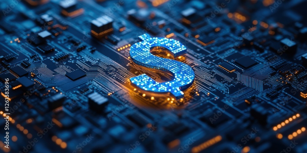Poster digital dollar symbol embedded in a circuit board background representing technology and finance in 