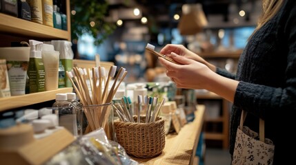 Sustainable choices, Woman selecting a bamboo toothbrush in zero waste store