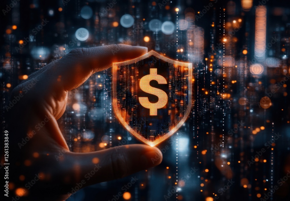 Poster digital finance security concept with glowing dollar sign and protective shield against data breach 