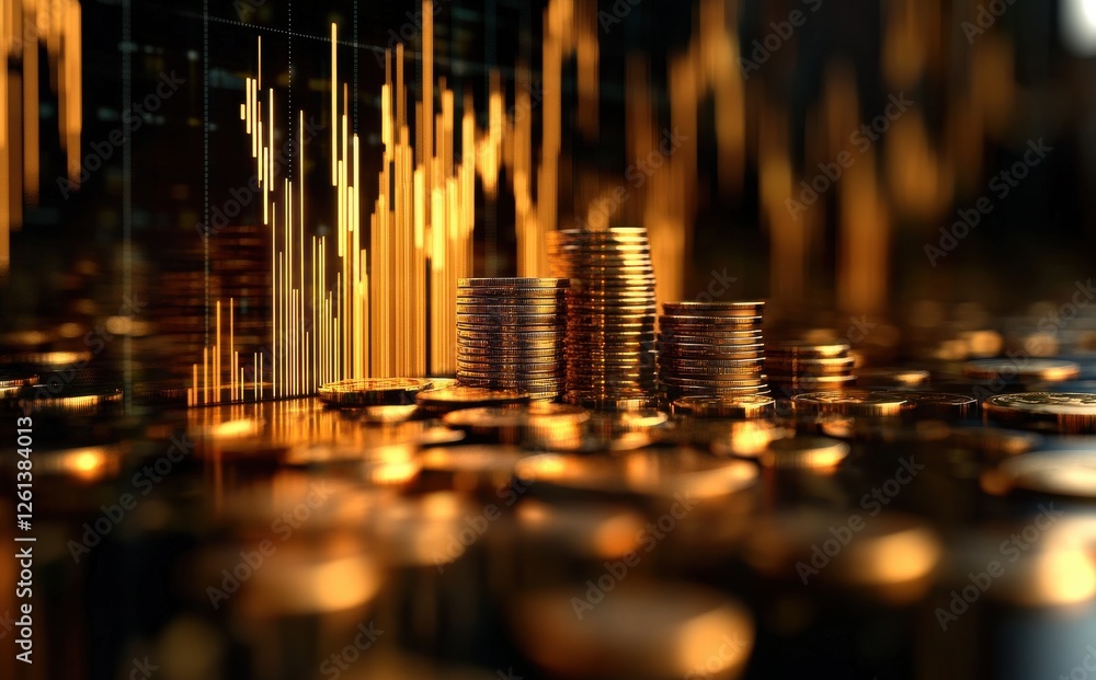 Poster digital representation of financial growth with stacks of coins and a rising chart symbolizing inves