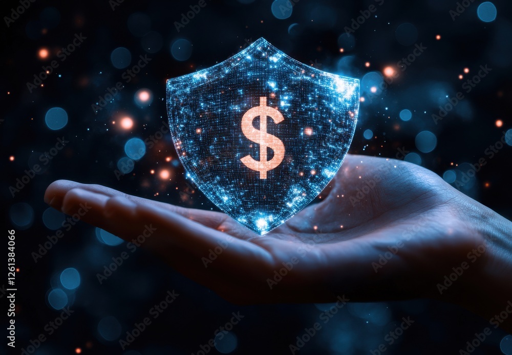 Poster digital shield with dollar symbol representing financial security and protection in a modern technol