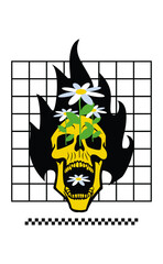 Skull Bloom: A striking digital illustration featuring a vibrant yellow skull, flames, and daisies in a visually captivating arrangement.