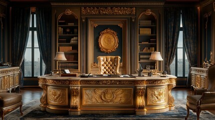 Opulent gold office, luxurious leather chair, city view.