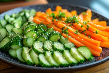 Sliced cucumbers and carrots, healthy snack, buffet
