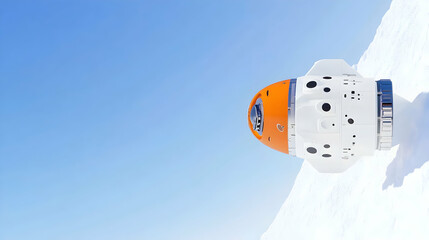 White and orange submersible rests on snow against a clear blue sky.