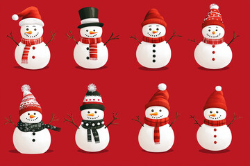 Collection set of snowmen with different hats and scarves, isolated on red background