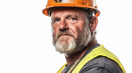 Fototapeta premium Rugged Senior Construction Worker with Safety Gear, Bearded Engineer, Hard Hat, Reflective Vest, Experienced Builder, Strong Industry Professional, Determined Expression, White Background
