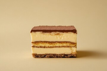 Delicious slice of tiramisu cake on a plain backdrop