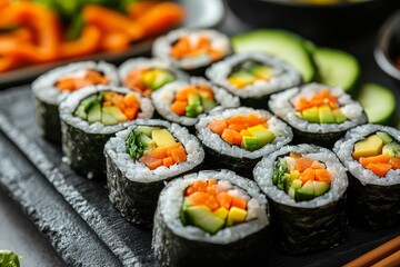 Vegetarian sushi rolls, vibrant vegetables, close-up, restaurant setting, healthy meal