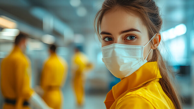 Cleaning professional in bright yellow uniform enhances office cleanliness while team works in background with focus on her poised presence and dedication