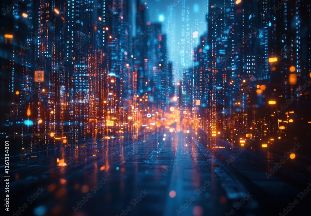 Poster futuristic cityscape visualization with glowing lights and digital data streams creating an immersiv