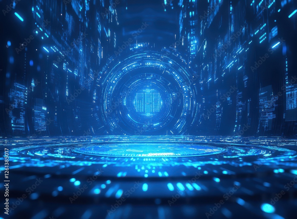 Poster futuristic digital portal with glowing blue lights and abstract data patterns in a sci-fi environmen
