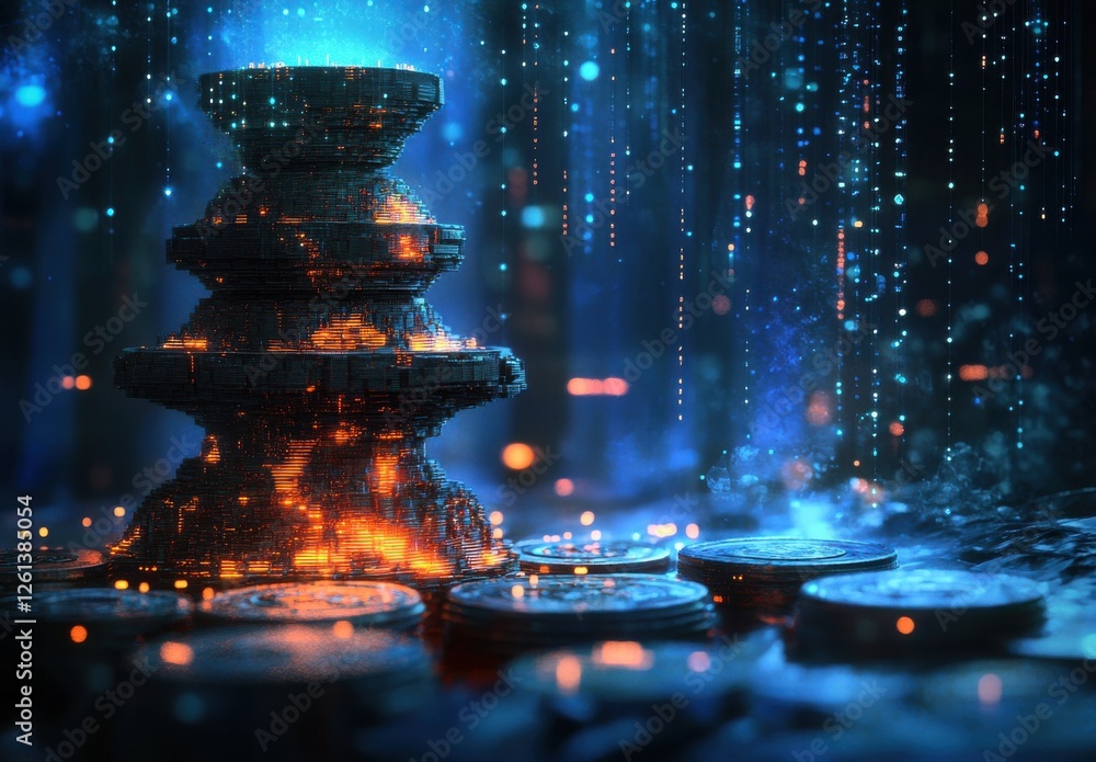 Poster futuristic digital tower made of glowing blocks surrounded by coins and binary rain, representing vi