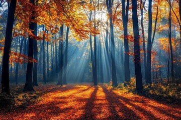 Fototapeta premium Autumn sunlight beams through misty forest, fallen leaves on path, nature scene