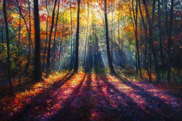 Obraz premium Autumn forest sun rays, fall foliage, nature scene, peaceful background, ideal for calendar