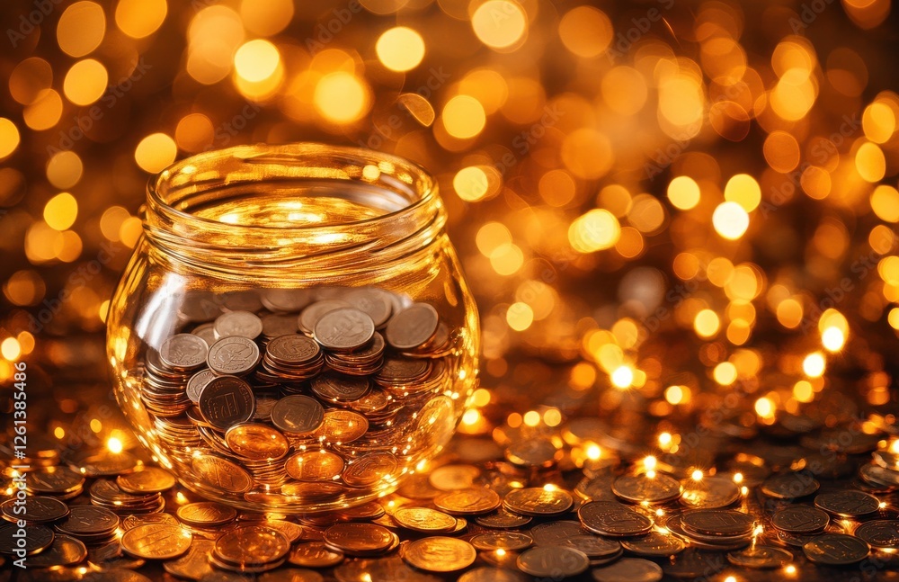 Poster glimmering jar of coins surrounded by warm bokeh lights creating an enchanting and vibrant financial