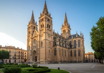 Naklejka premium Majestic Cathedral: Stunning Interior & Exterior Views – Gothic Architecture, Stained Glass, Grand Design – Perfect for Religious, Historical, or Travel Themes