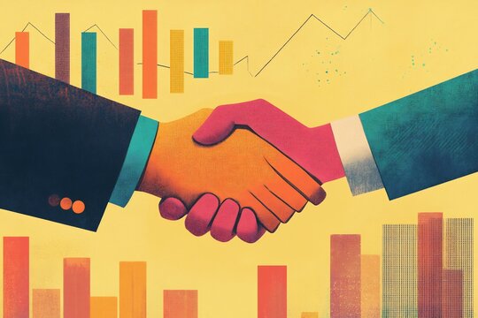 Symbolic handshake between an investor and a startup founder sealing a promising funding deal with financial growth charts subtly integrated into the background